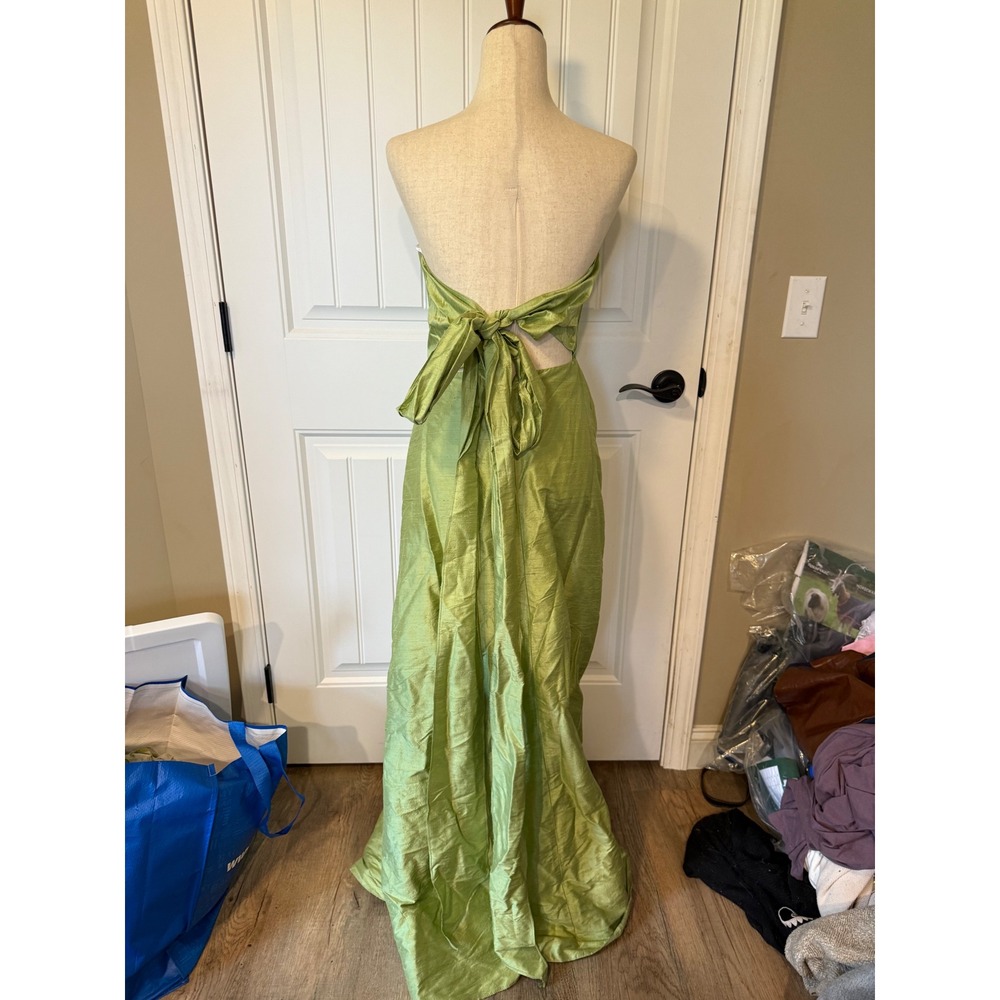 Watters & Watters Silk Blend Strapless Gown Lime Green Tie Back Formal Dress 4 - Picture 3 of 4